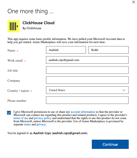 ClickHouse Cloud sign up info form - Zoomed