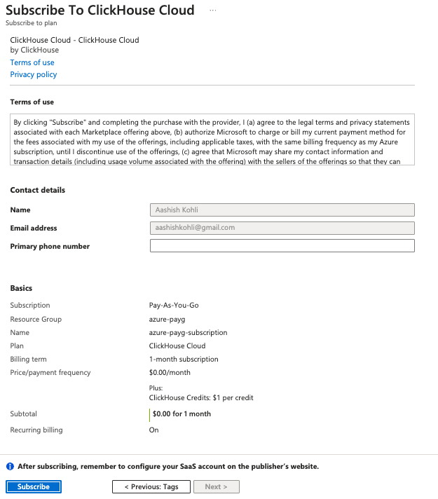 ClickHouse Cloud sign up info form - Zoomed