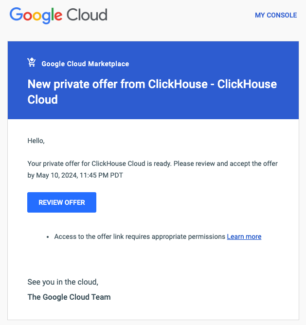 GCP Marketplace private offer email - Zoomed