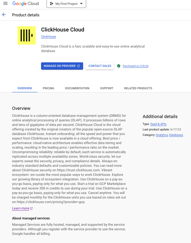 GCP Marketplace ClickHouse Cloud page - Zoomed