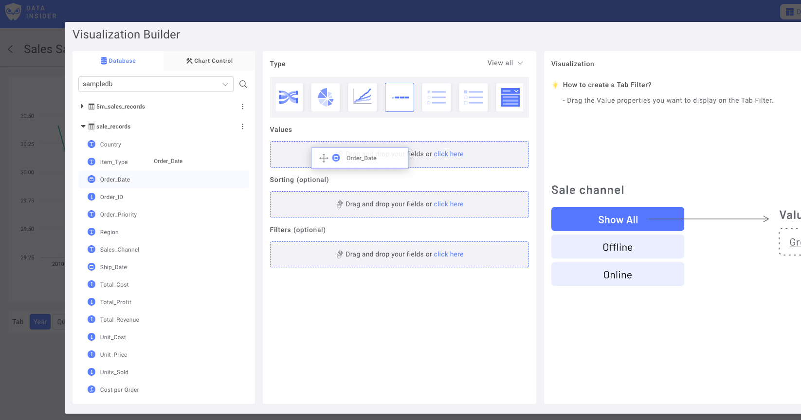 Date field selection interface in Rocket BI showing available date columns - Zoomed
