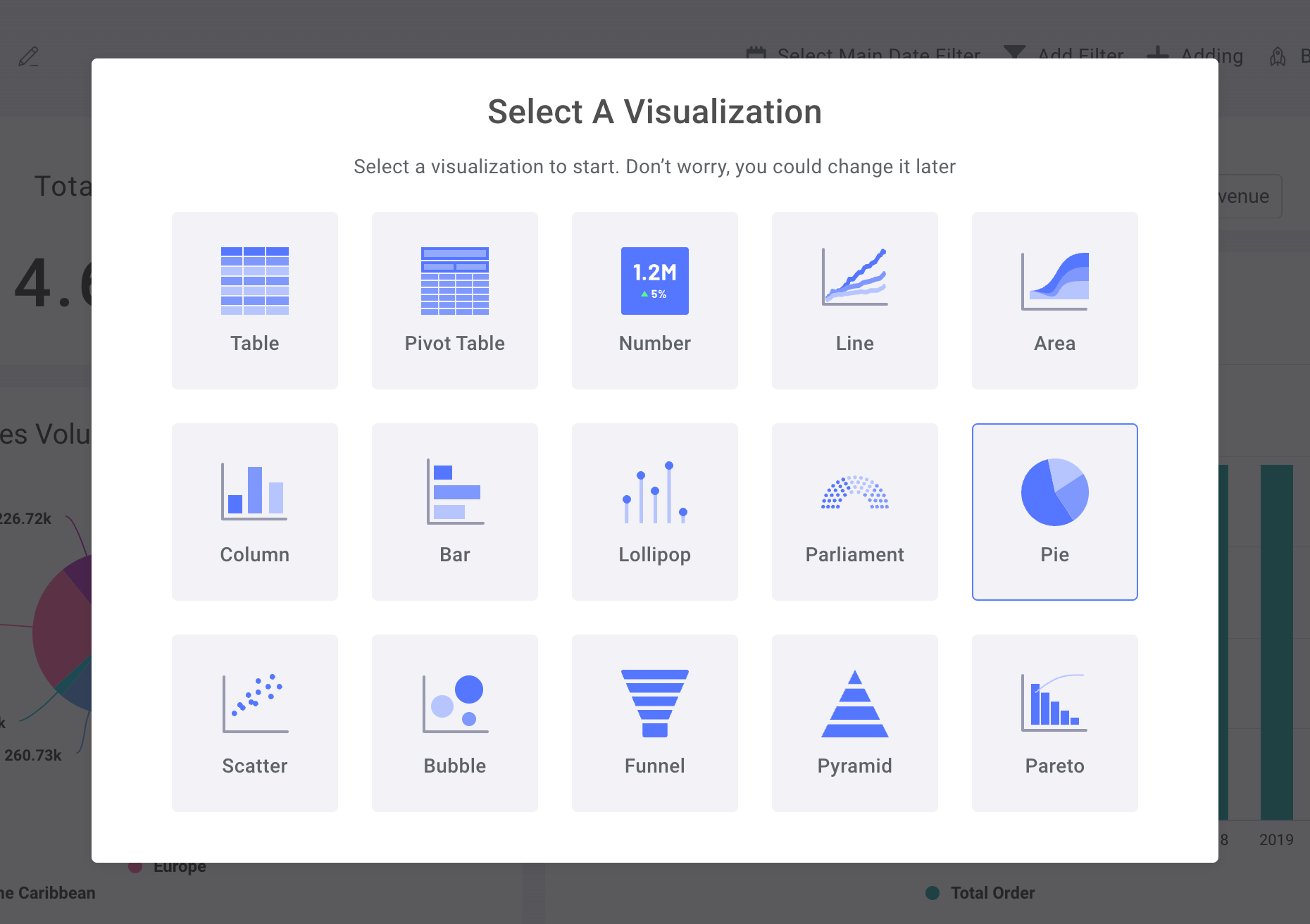 Chart type selection panel with pie chart option highlighted - Zoomed