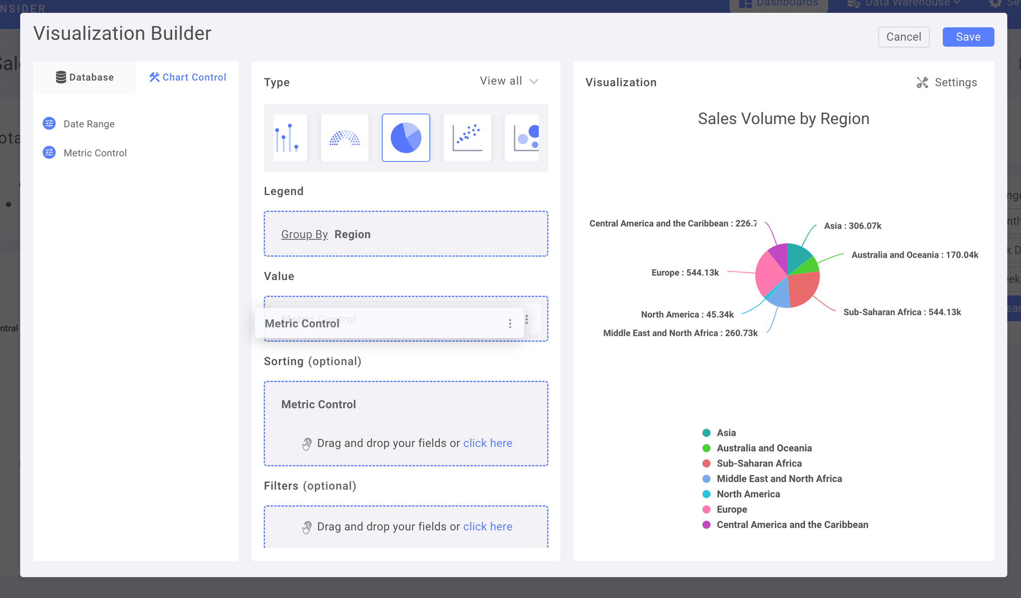 Metrics control being added to the value field of the pie chart - Zoomed